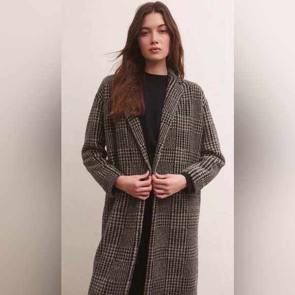 Z Supply Black and Gray Plaid Coat L - Picture 2 of 7